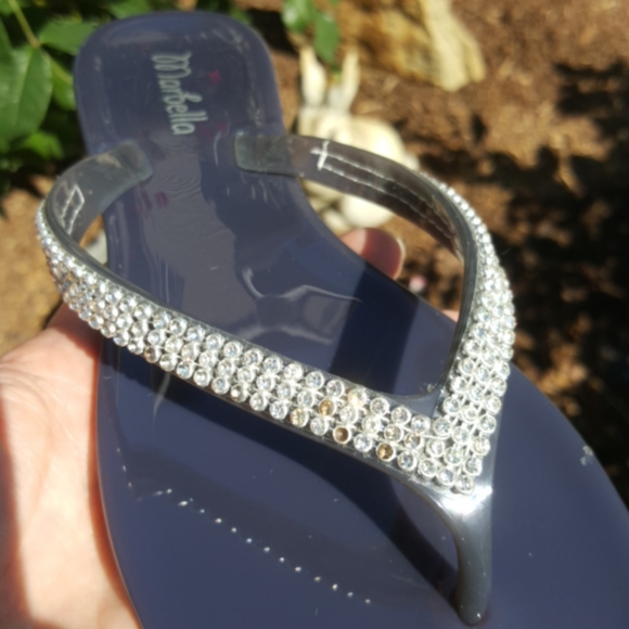MARBELLA ♡ Gorgeous Navy Embellished Bling of Rhinestone Jelly Thong Sandals 6 - Picture 7 of 16